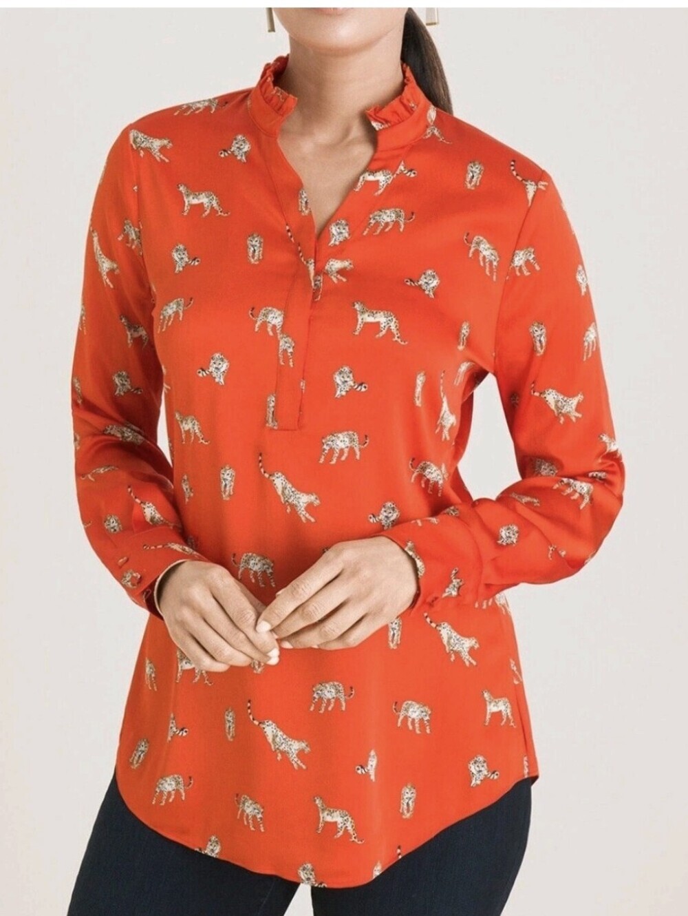 Chico's Womens Size 2 (12-14) Orange Satin Leopard Print Blouse Botton Up Shirt